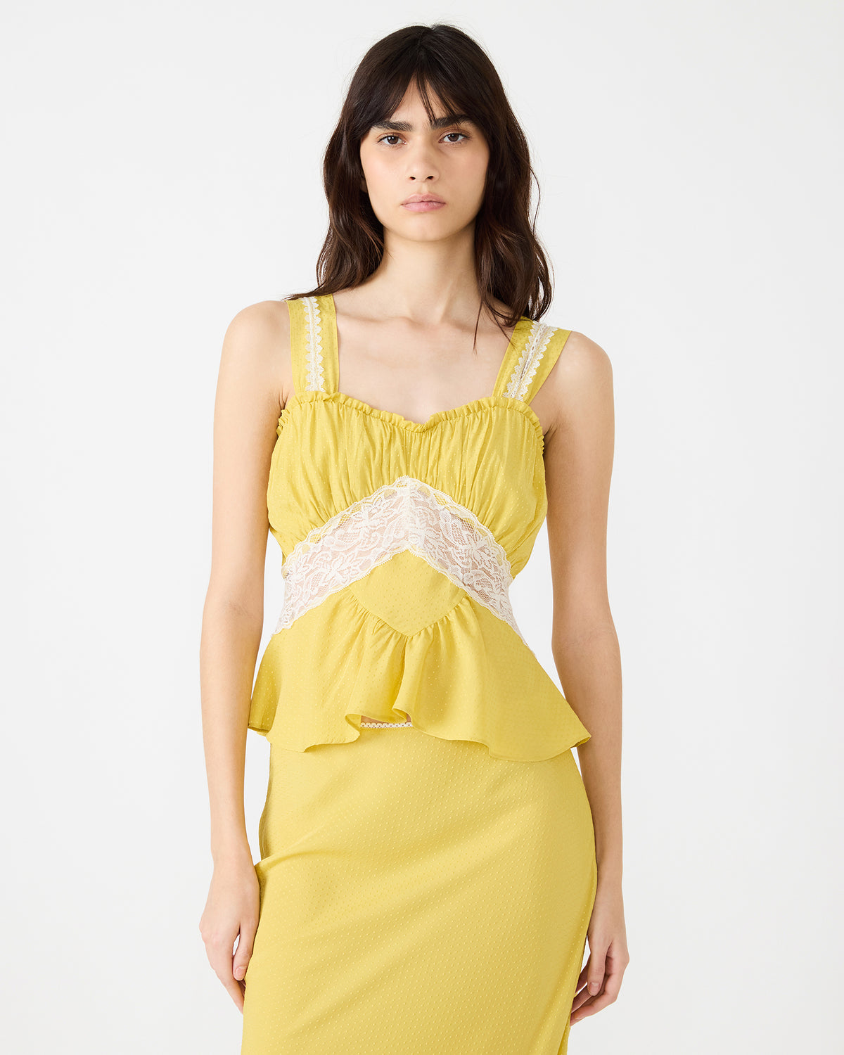 CINTHIA Golden Lime Sleeveless Lace Trim Women's Top - Steve Madden
