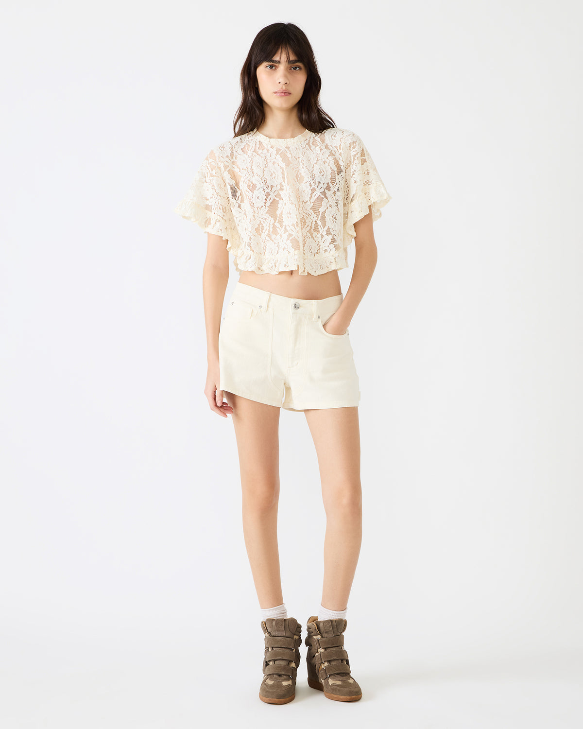 CALLUM Cream Short-Sleeved Mesh Lace Cropped Women's Top - Steve Madden