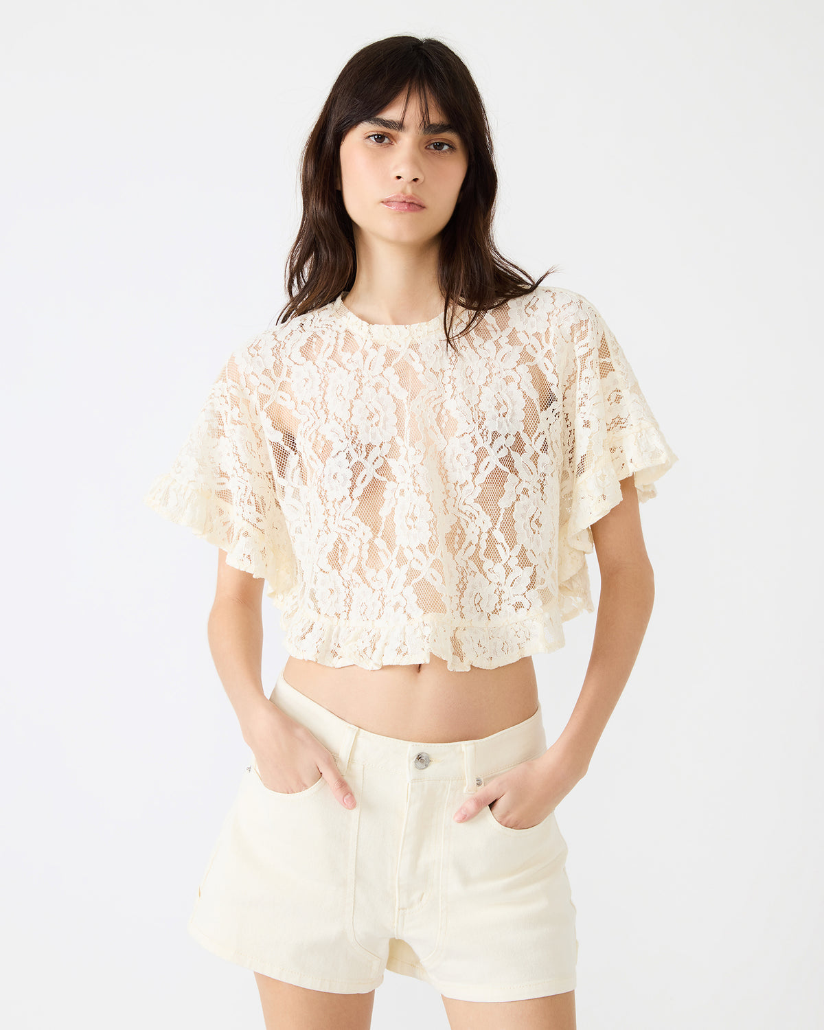 CALLUM Cream Short-Sleeved Mesh Lace Cropped Women's Top - Steve Madden