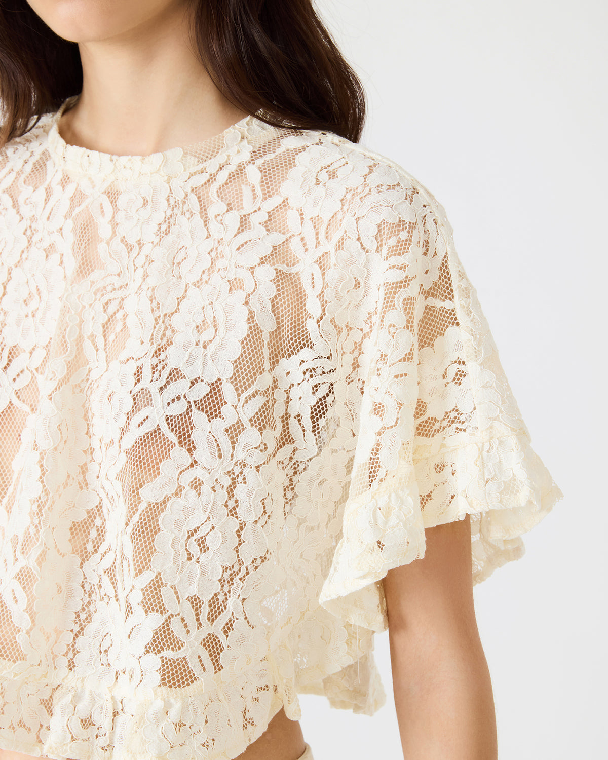 CALLUM Cream Short-Sleeved Mesh Lace Cropped Women's Top - Steve Madden