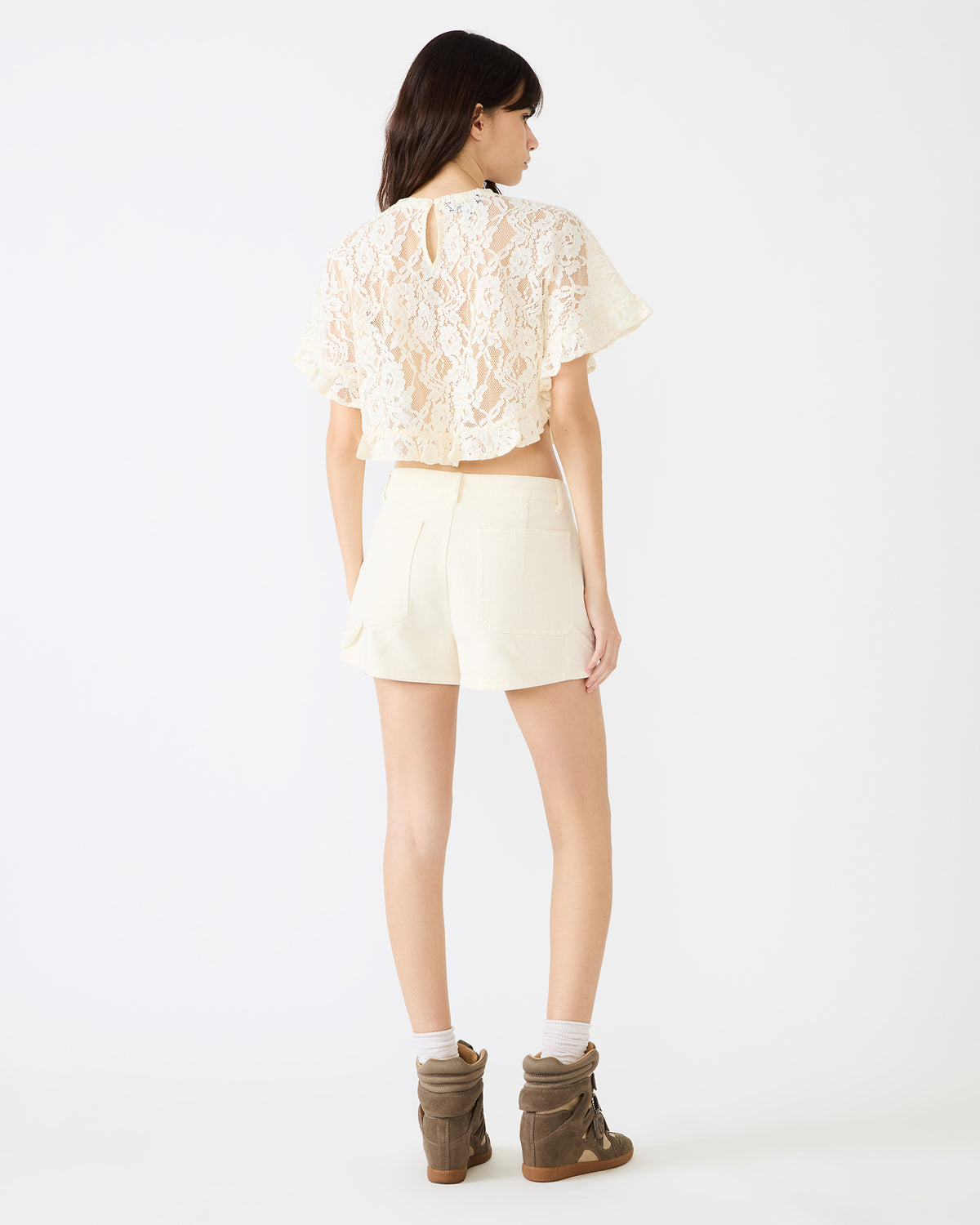CALLUM Cream Short-Sleeved Mesh Lace Cropped Women's Top - Steve Madden