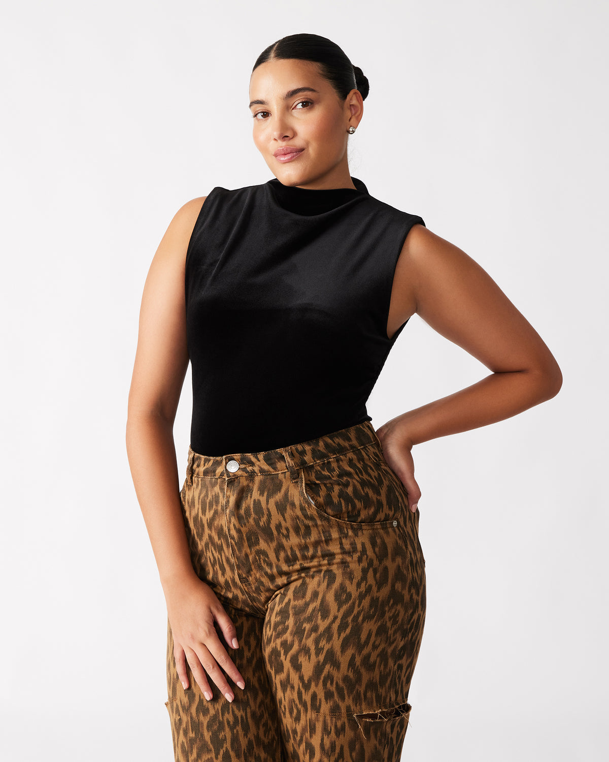 NIKOLA Black Women's Mock Neck Velvet Bodysuit - Steve Madden