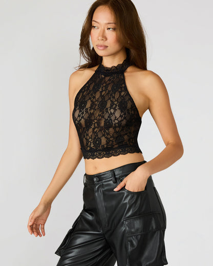JUDY Black Lace Mesh Cropped Halter Women's Top - Steve Madden