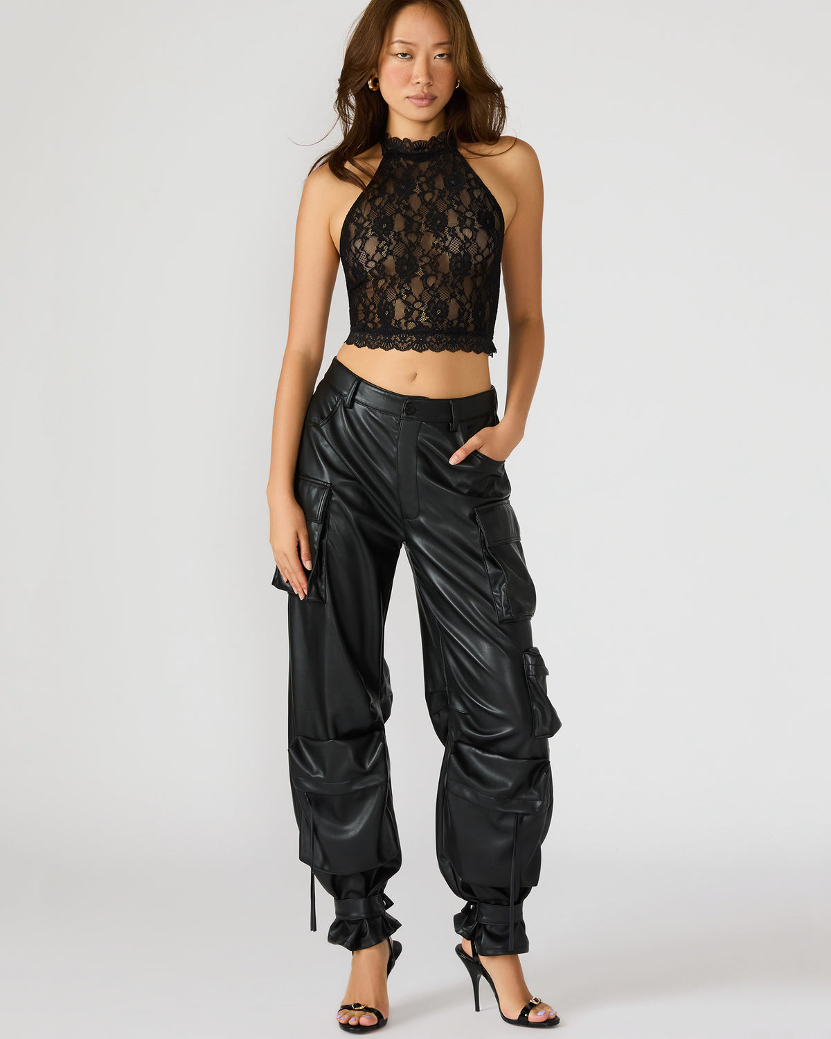 JUDY Black Lace Mesh Cropped Halter Women's Top - Steve Madden