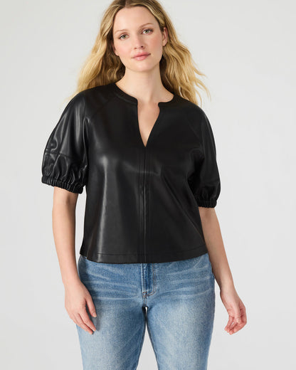 ROXANNE Black Short-Sleeved Faux Leather Puff Sleeve Women's Top - Steve Madden