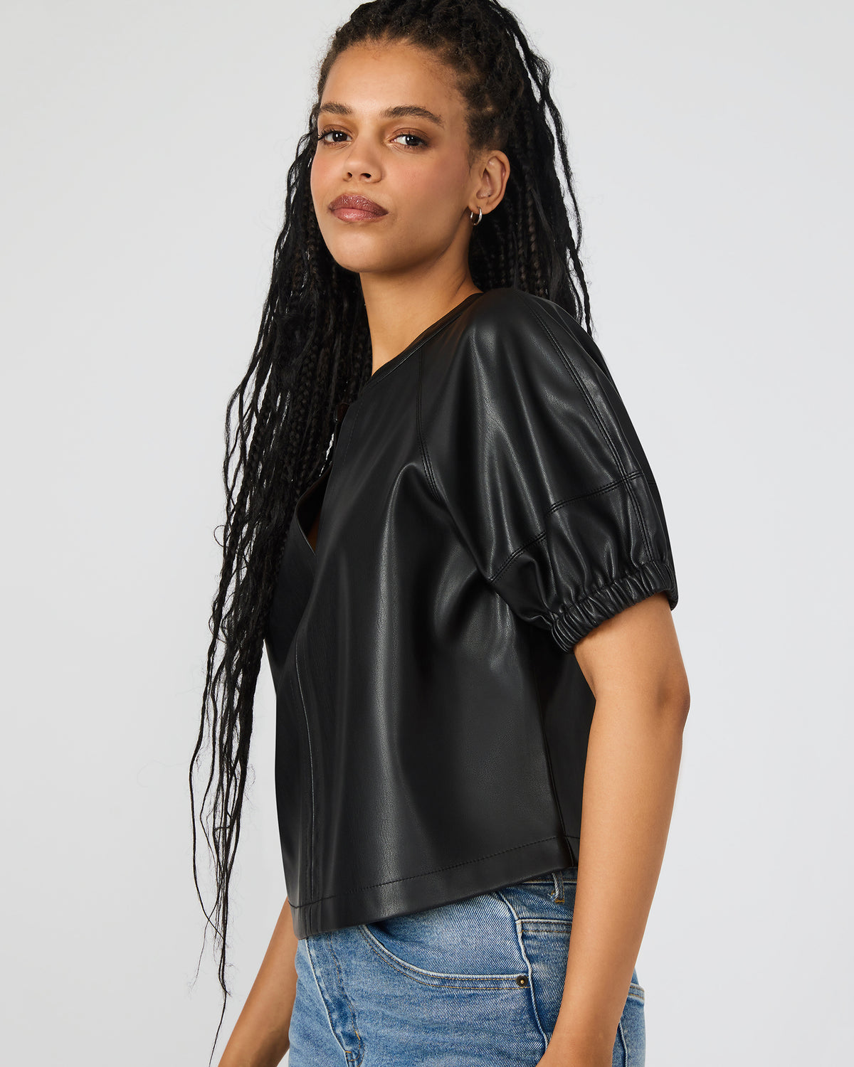 ROXANNE Black Short-Sleeved Faux Leather Puff Sleeve Women's Top - Steve Madden