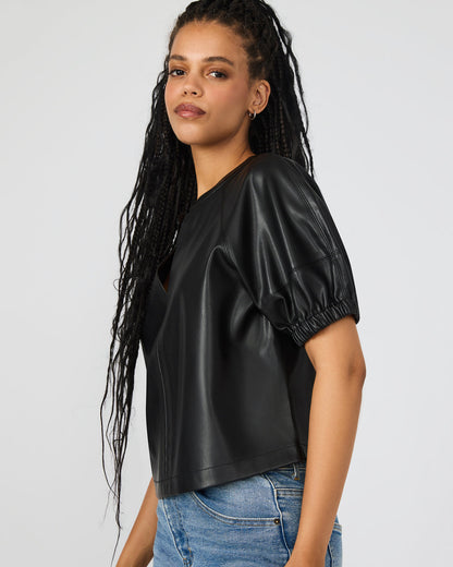 ROXANNE Black Short-Sleeved Faux Leather Puff Sleeve Women's Top - Steve Madden