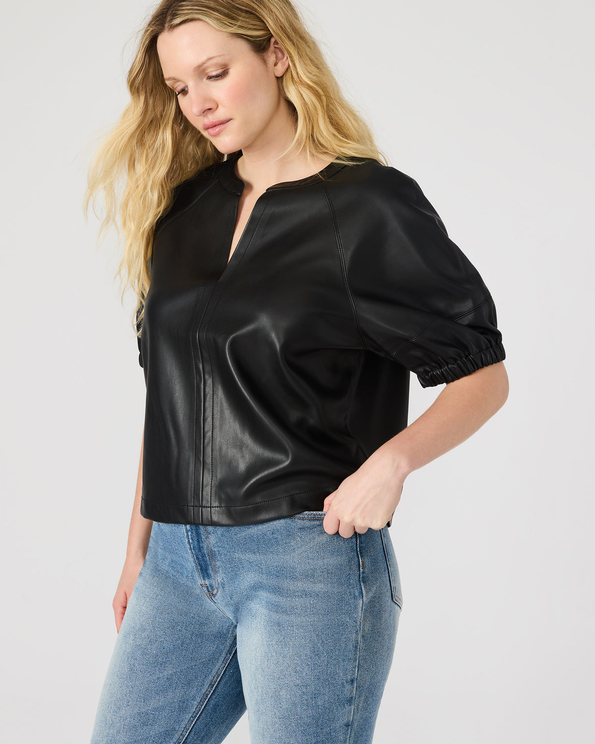 ROXANNE Black Short-Sleeved Faux Leather Puff Sleeve Women's Top - Steve Madden