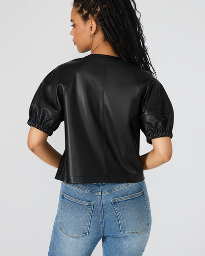 ROXANNE Black Short-Sleeved Faux Leather Puff Sleeve Women's Top - Steve Madden