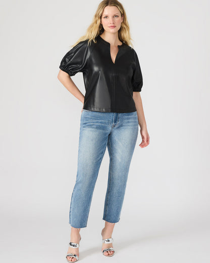 ROXANNE Black Short-Sleeved Faux Leather Puff Sleeve Women's Top - Steve Madden