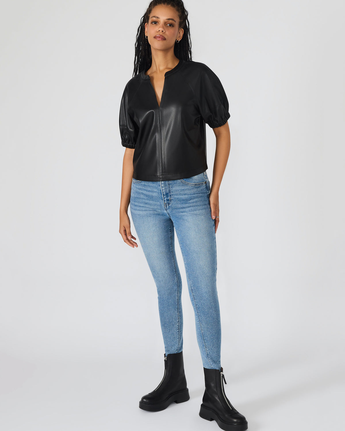 ROXANNE Black Short-Sleeved Faux Leather Puff Sleeve Women's Top - Steve Madden