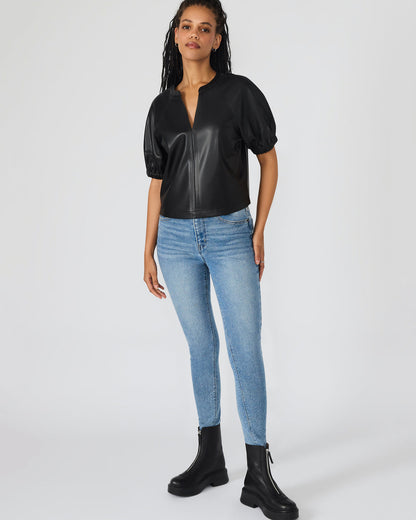 ROXANNE Black Short-Sleeved Faux Leather Puff Sleeve Women's Top - Steve Madden
