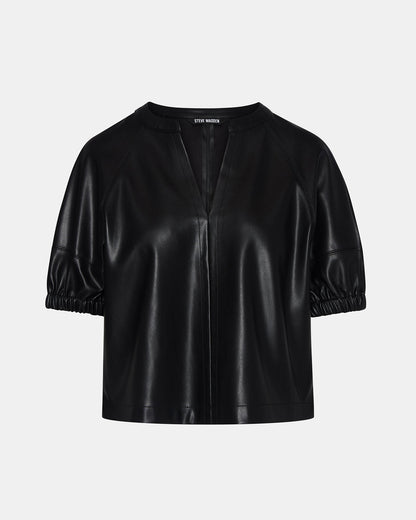ROXANNE Black Short-Sleeved Faux Leather Puff Sleeve Women's Top - Steve Madden