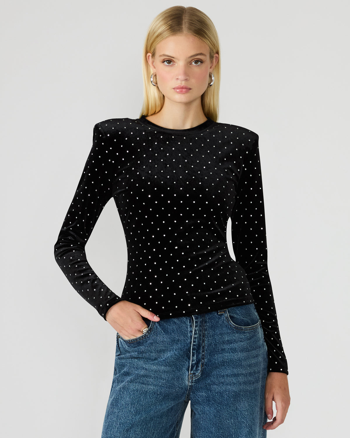 MADILYN Black Studded Velvet Long-Sleeved Rhinestone Embellished Women's Top - Steve Madden