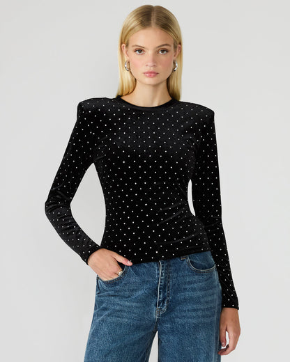 MADILYN Black Studded Velvet Long-Sleeved Rhinestone Embellished Women's Top - Steve Madden