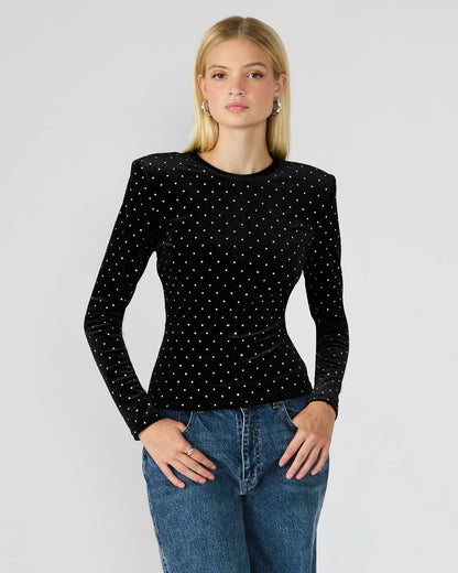 MADILYN Black Studded Velvet Long-Sleeved Rhinestone Embellished Women's Top - Steve Madden