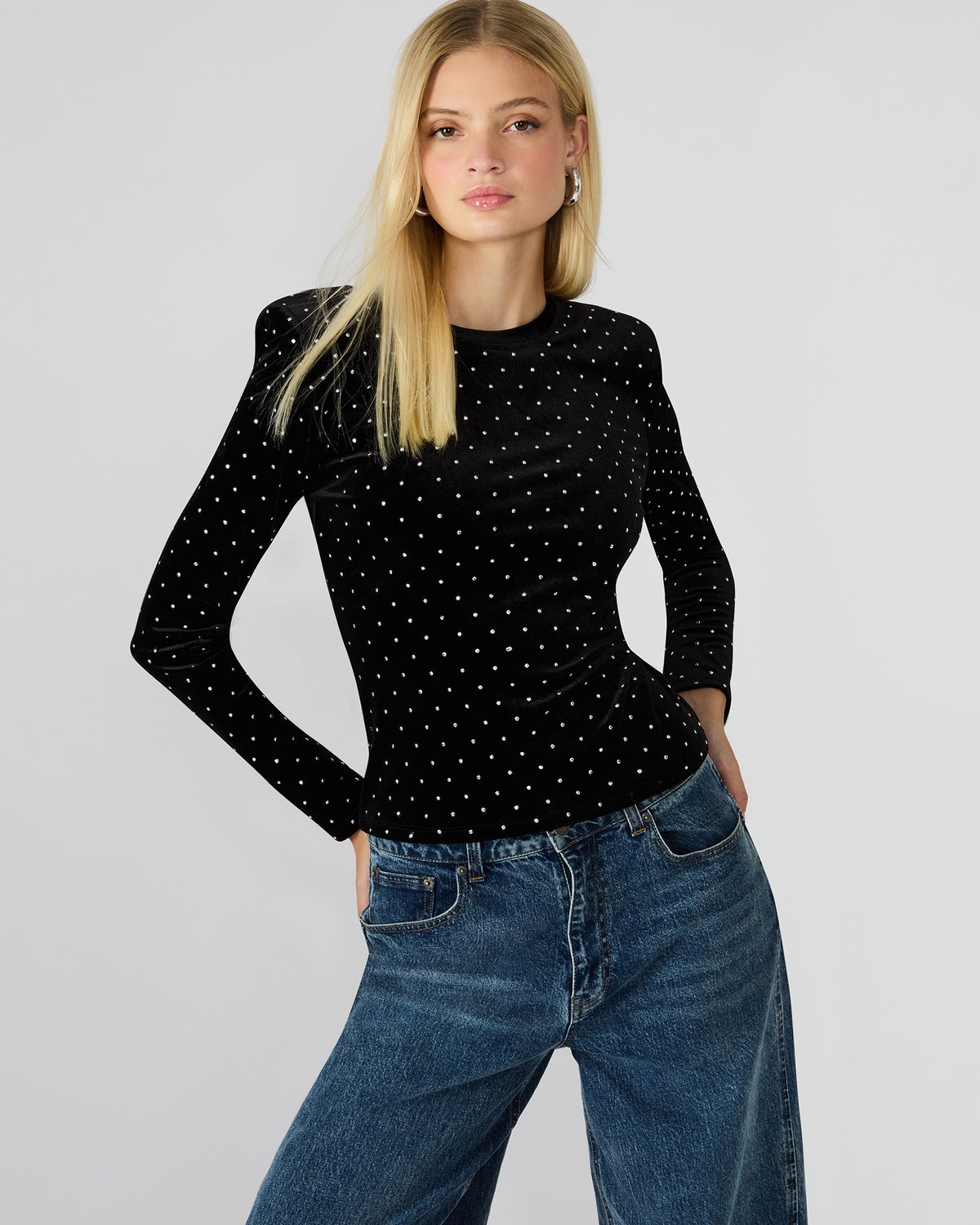 MADILYN Black Studded Velvet Long-Sleeved Rhinestone Embellished Women's Top - Steve Madden