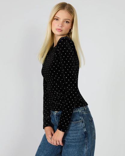 MADILYN Black Studded Velvet Long-Sleeved Rhinestone Embellished Women's Top - Steve Madden