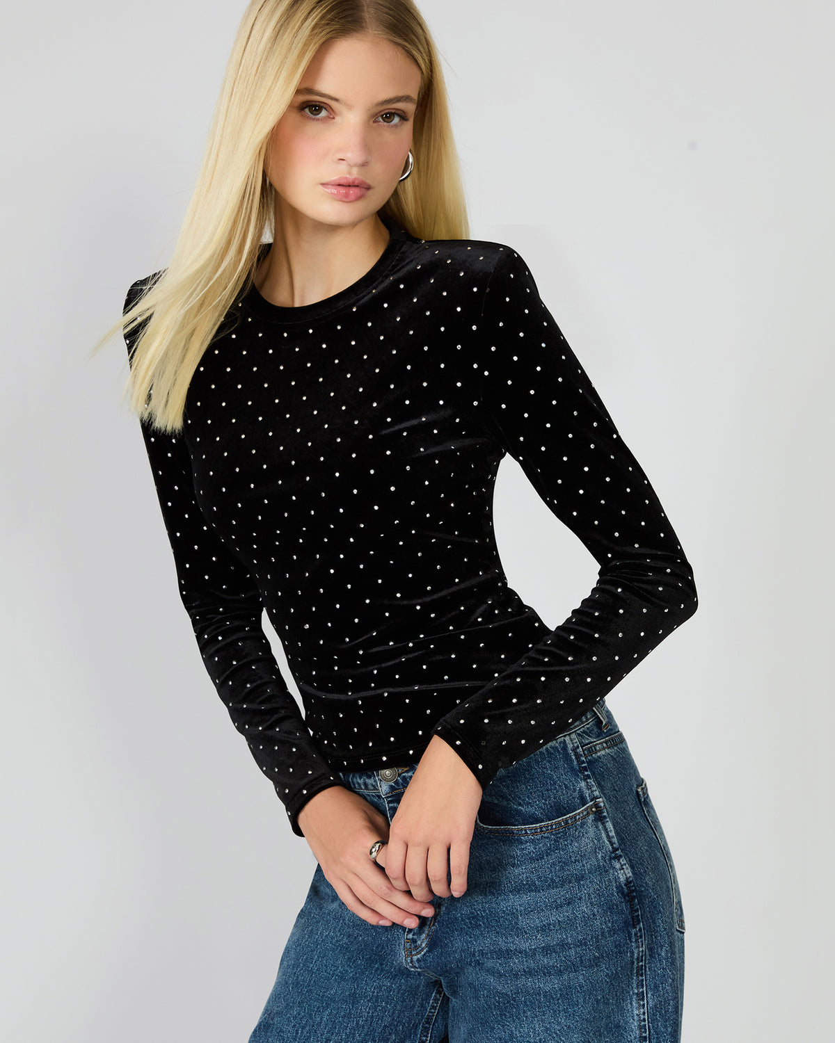 MADILYN Black Studded Velvet Long-Sleeved Rhinestone Embellished Women's Top - Steve Madden