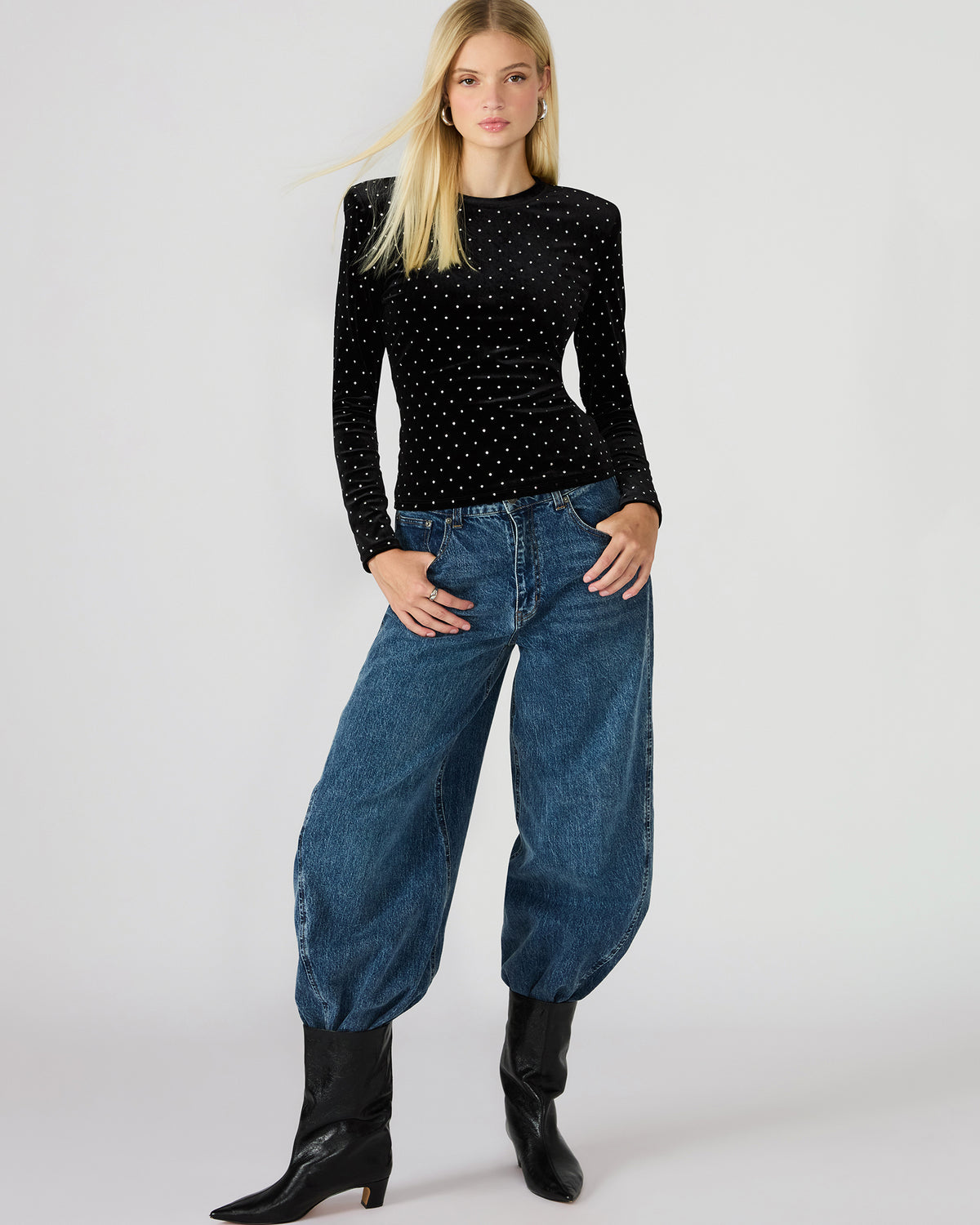 MADILYN Black Studded Velvet Long-Sleeved Rhinestone Embellished Women's Top - Steve Madden