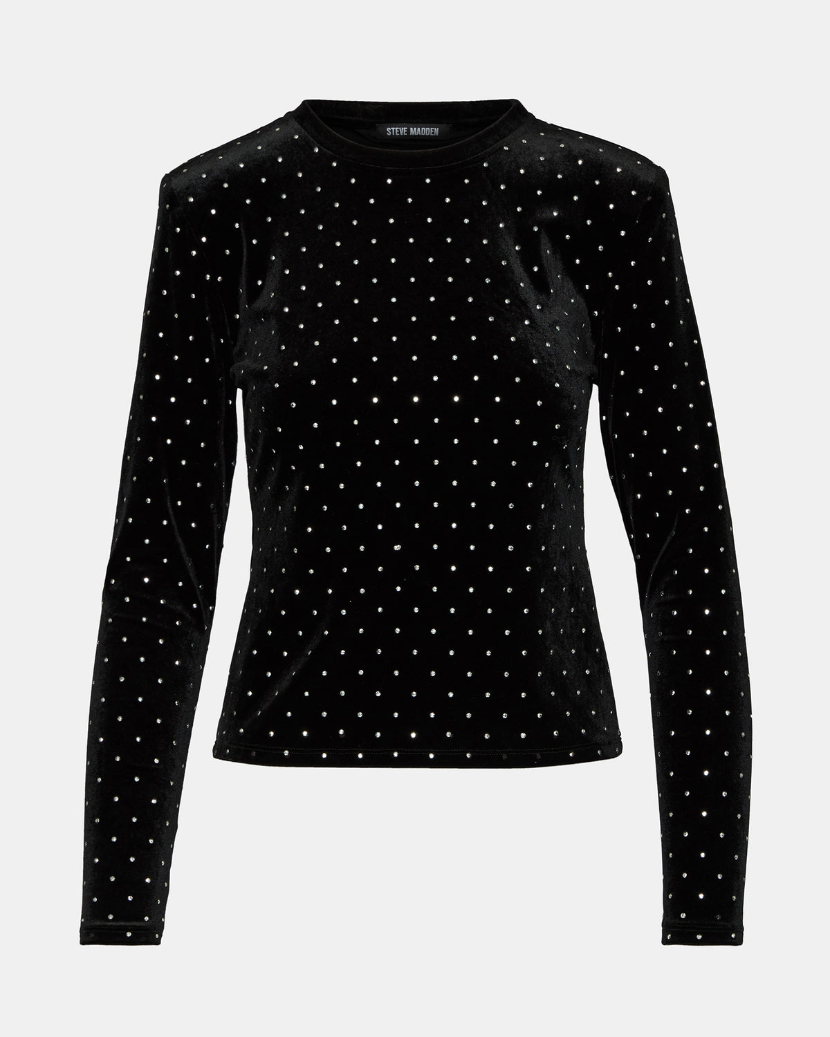 MADILYN Black Studded Velvet Long-Sleeved Rhinestone Embellished Women's Top - Steve Madden