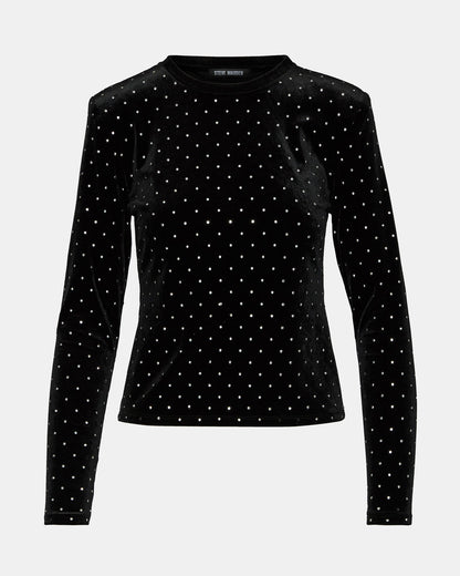 MADILYN Black Studded Velvet Long-Sleeved Rhinestone Embellished Women's Top - Steve Madden