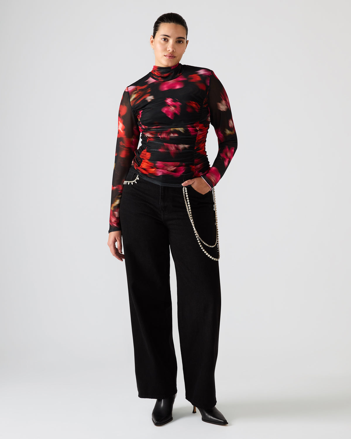 TAYLORE Blurry Floral Long-Sleeved Sheer Mesh Fabric Women's Top - Steve Madden