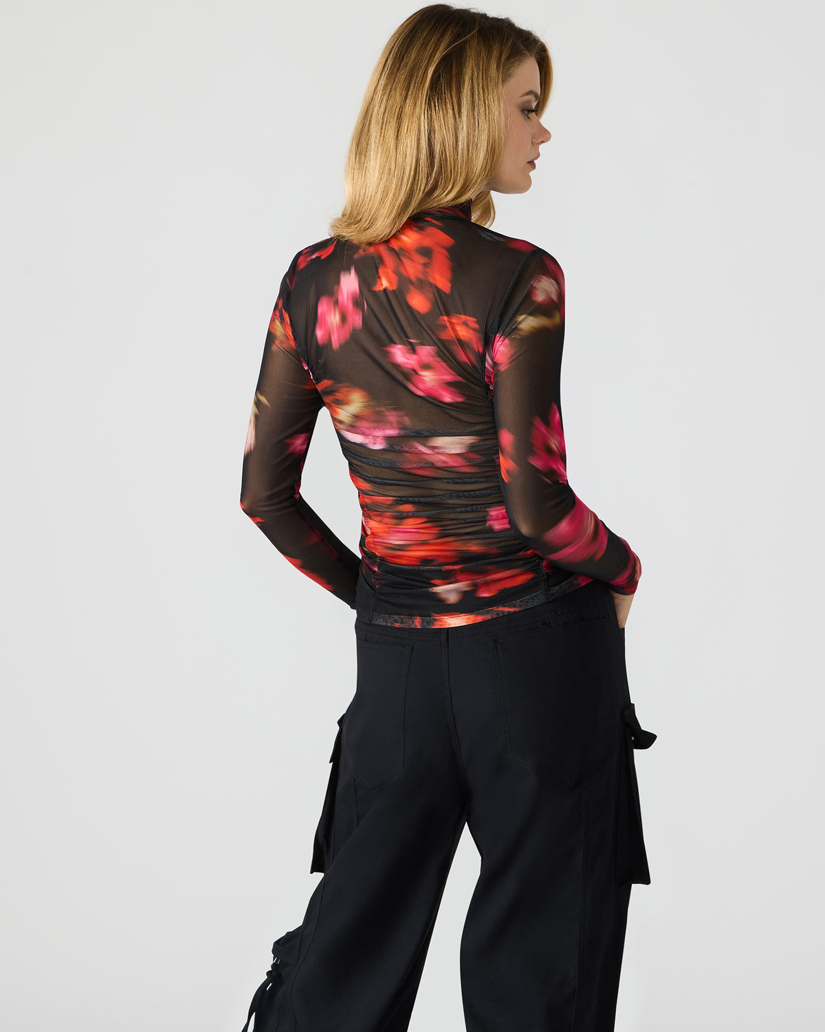 TAYLORE Blurry Floral Long-Sleeved Sheer Mesh Fabric Women's Top - Steve Madden
