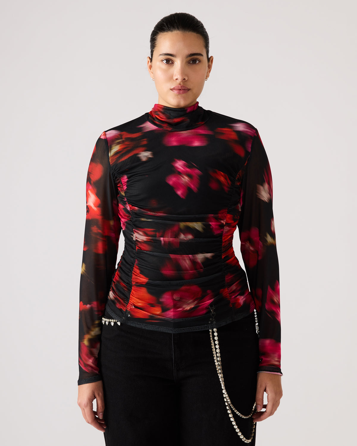 TAYLORE Blurry Floral Long-Sleeved Sheer Mesh Fabric Women's Top - Steve Madden