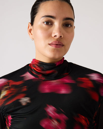 TAYLORE Blurry Floral Long-Sleeved Sheer Mesh Fabric Women's Top - Steve Madden