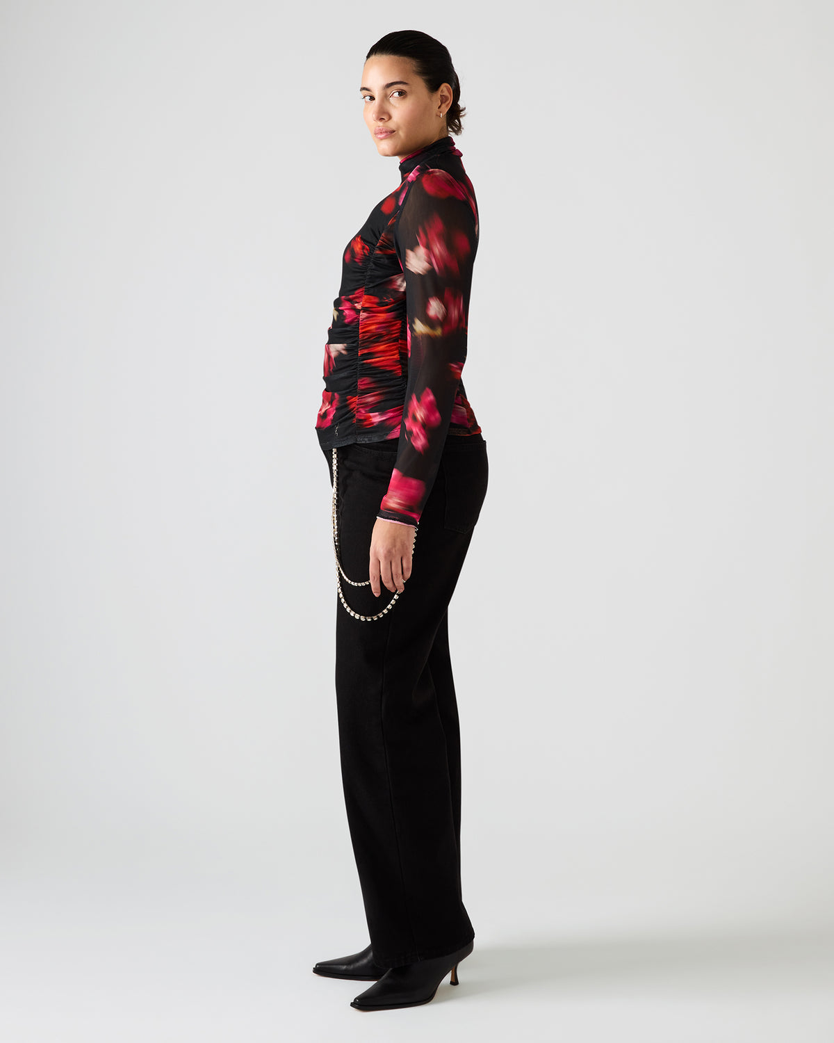 TAYLORE Blurry Floral Long-Sleeved Sheer Mesh Fabric Women's Top - Steve Madden