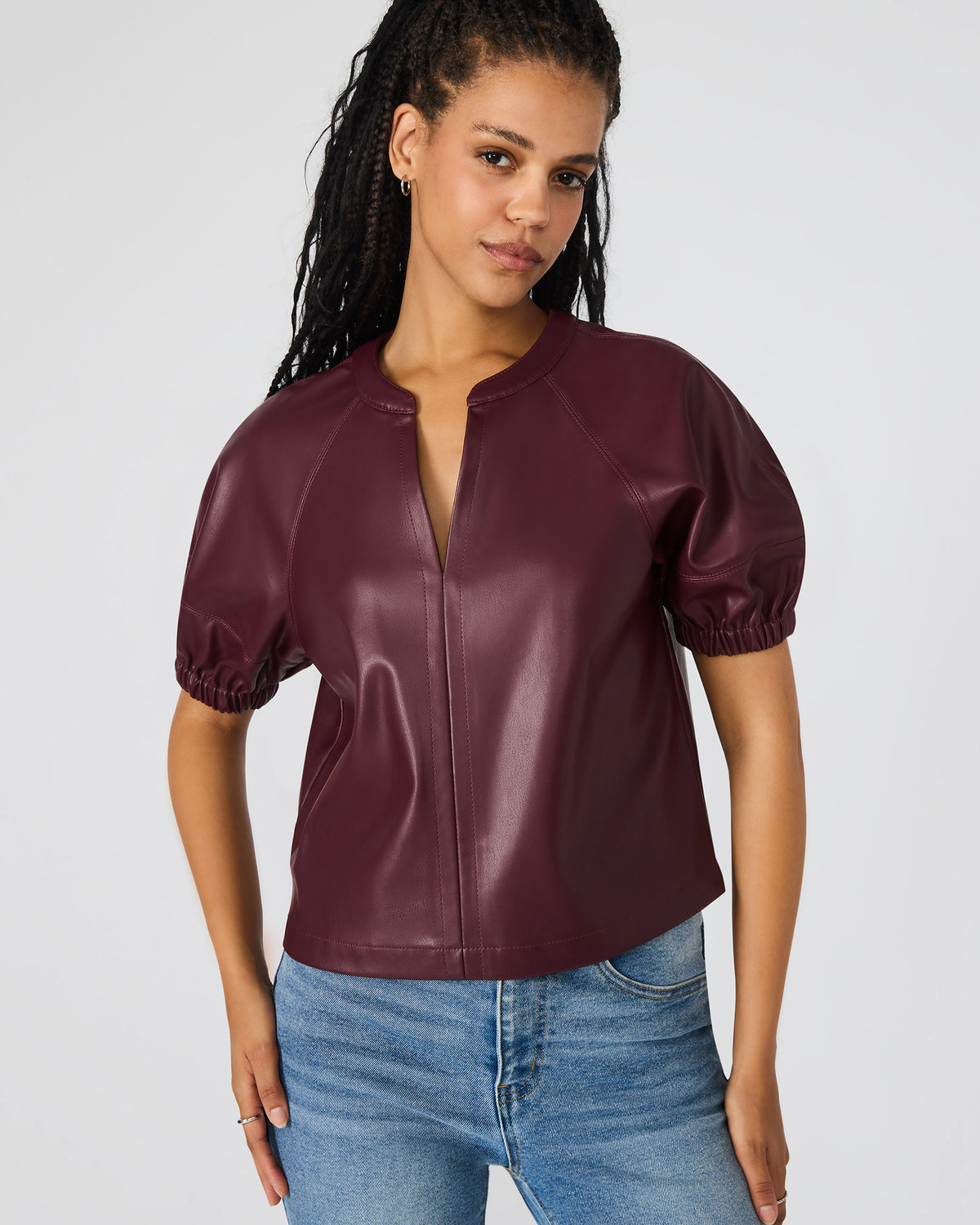 ROXANNE Wine Short-Sleeved Faux Leather Puff Sleeve Women's Top - Steve Madden