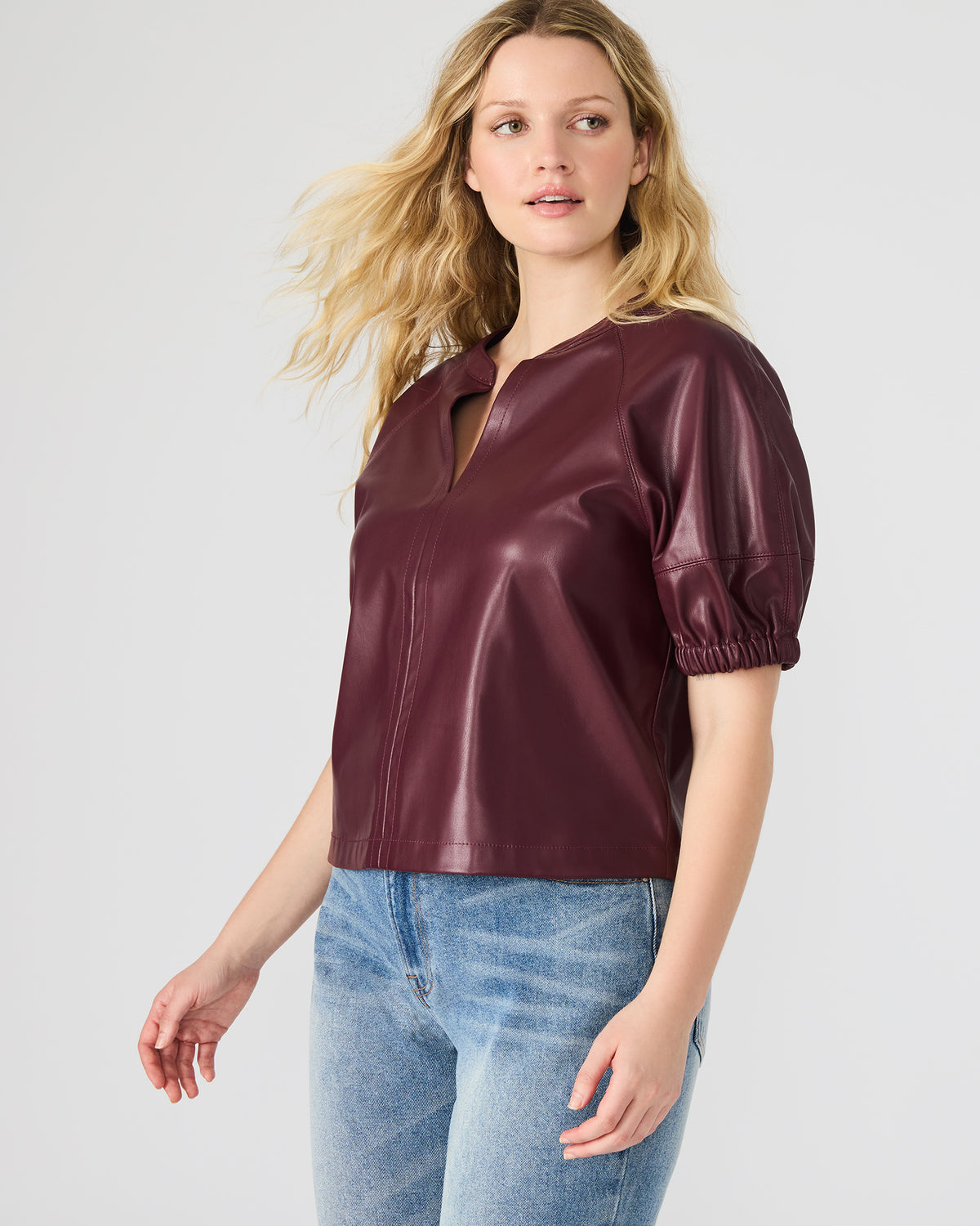 ROXANNE Wine Short-Sleeved Faux Leather Puff Sleeve Women's Top - Steve Madden