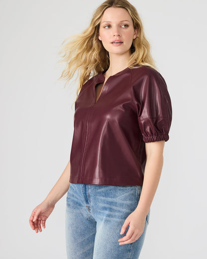 ROXANNE Wine Short-Sleeved Faux Leather Puff Sleeve Women's Top - Steve Madden