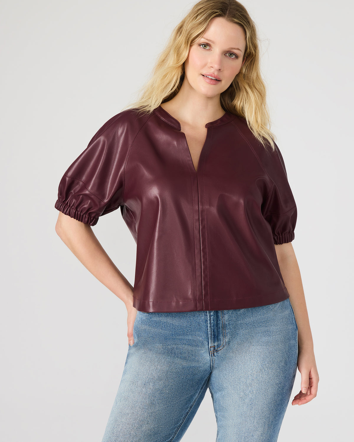 ROXANNE Wine Short-Sleeved Faux Leather Puff Sleeve Women's Top - Steve Madden