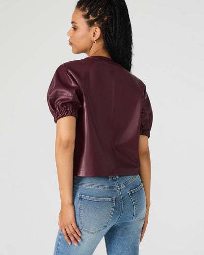 ROXANNE Wine Short-Sleeved Faux Leather Puff Sleeve Women's Top - Steve Madden