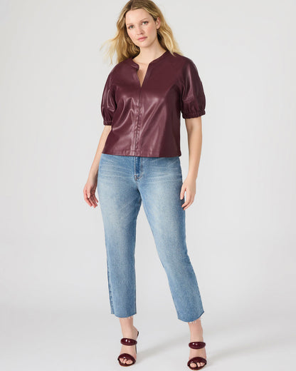 ROXANNE Wine Short-Sleeved Faux Leather Puff Sleeve Women's Top - Steve Madden