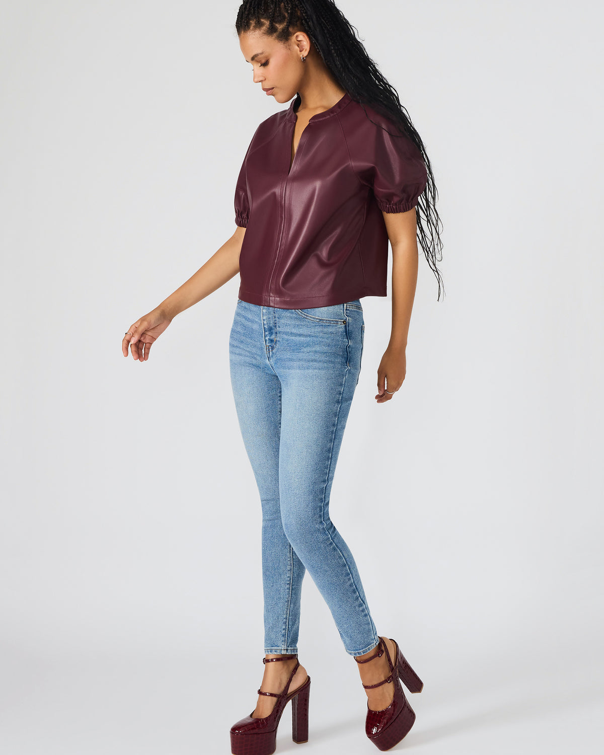 ROXANNE Wine Short-Sleeved Faux Leather Puff Sleeve Women's Top - Steve Madden