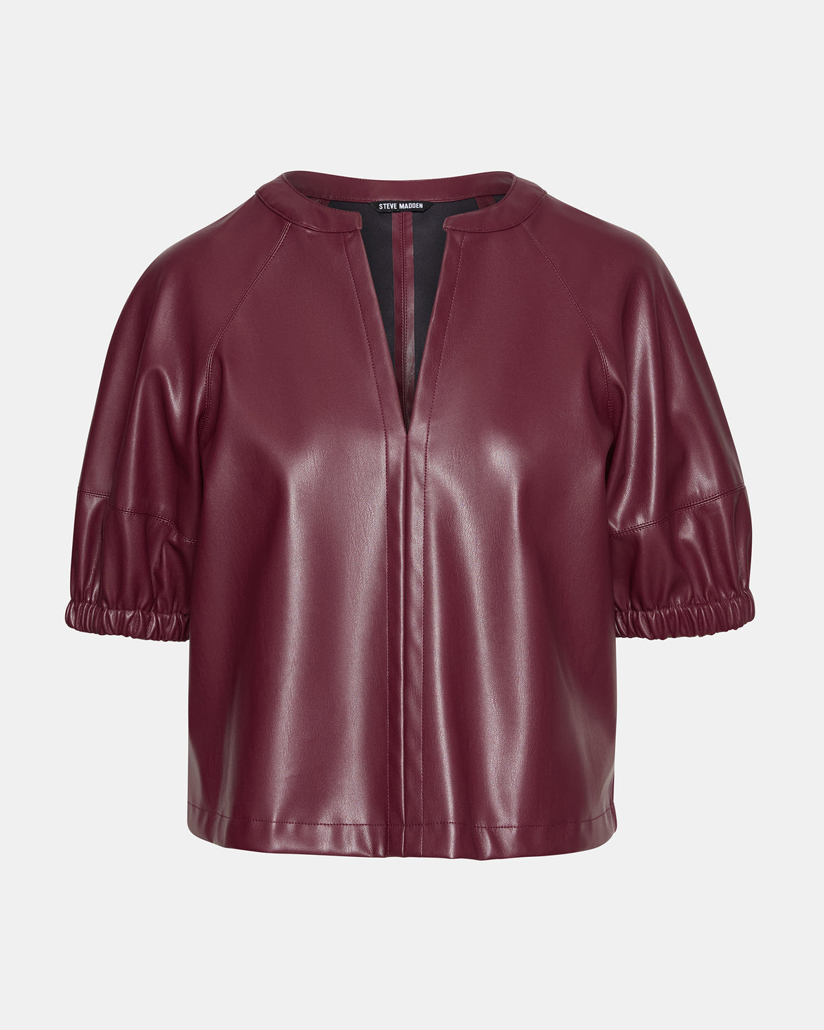 ROXANNE Wine Short-Sleeved Faux Leather Puff Sleeve Women's Top - Steve Madden