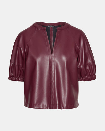 ROXANNE Wine Short-Sleeved Faux Leather Puff Sleeve Women's Top - Steve Madden