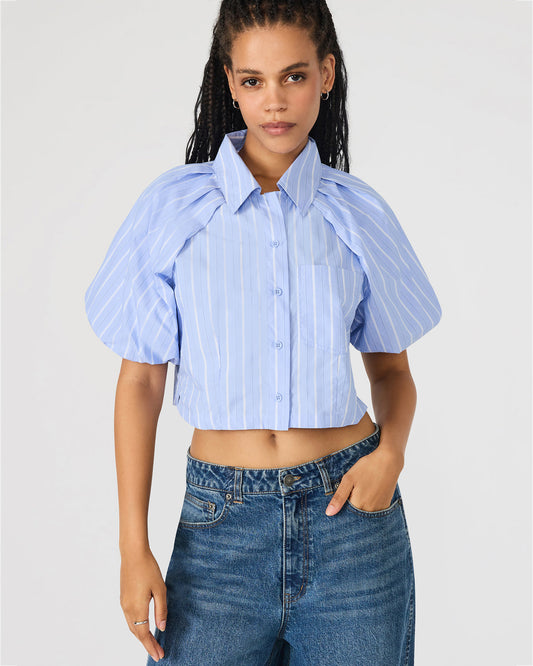 REECE Soft Blue Button-Up Collared Bubble Sleeve Women's Top - Steve Madden