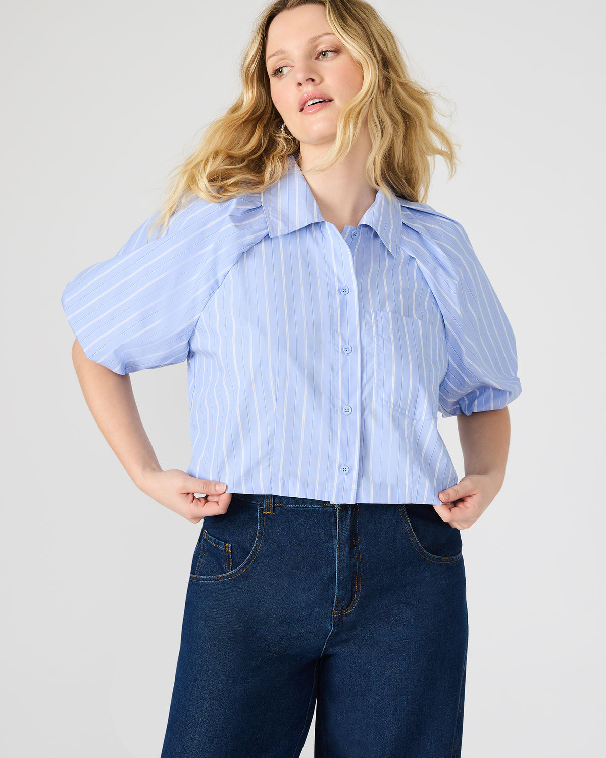 REECE Soft Blue Button-Up Collared Bubble Sleeve Women's Top - Steve Madden
