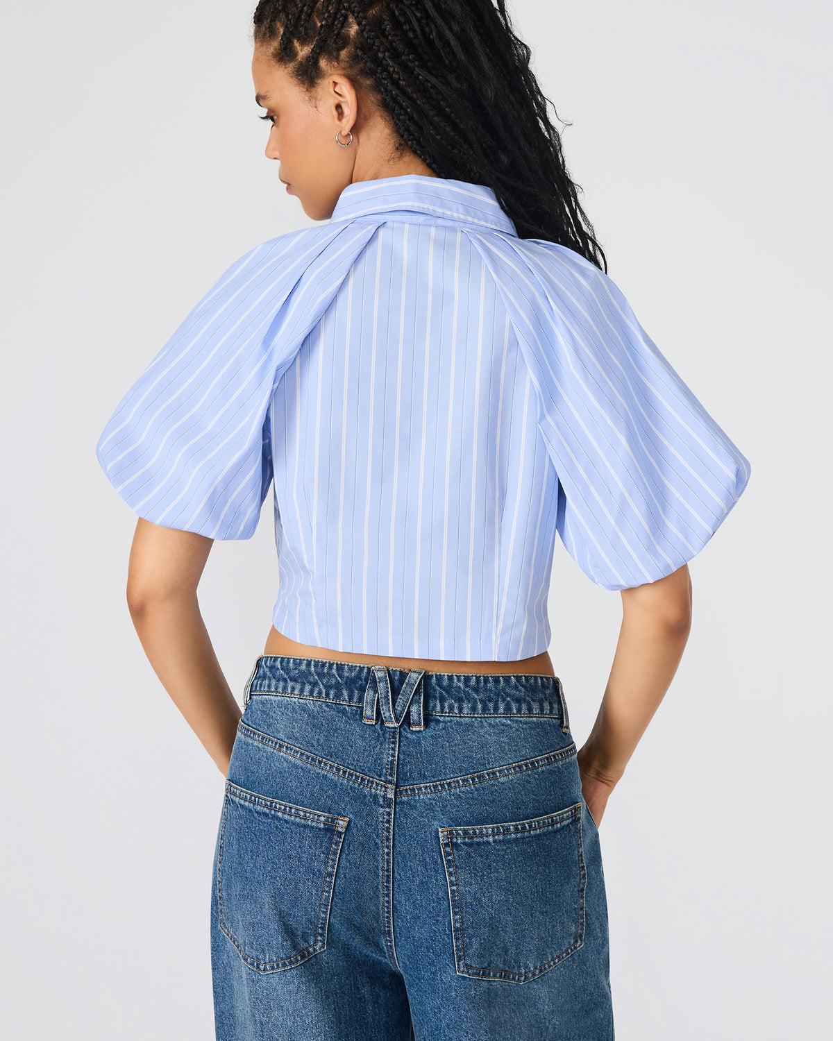 REECE Soft Blue Button-Up Collared Bubble Sleeve Women's Top - Steve Madden