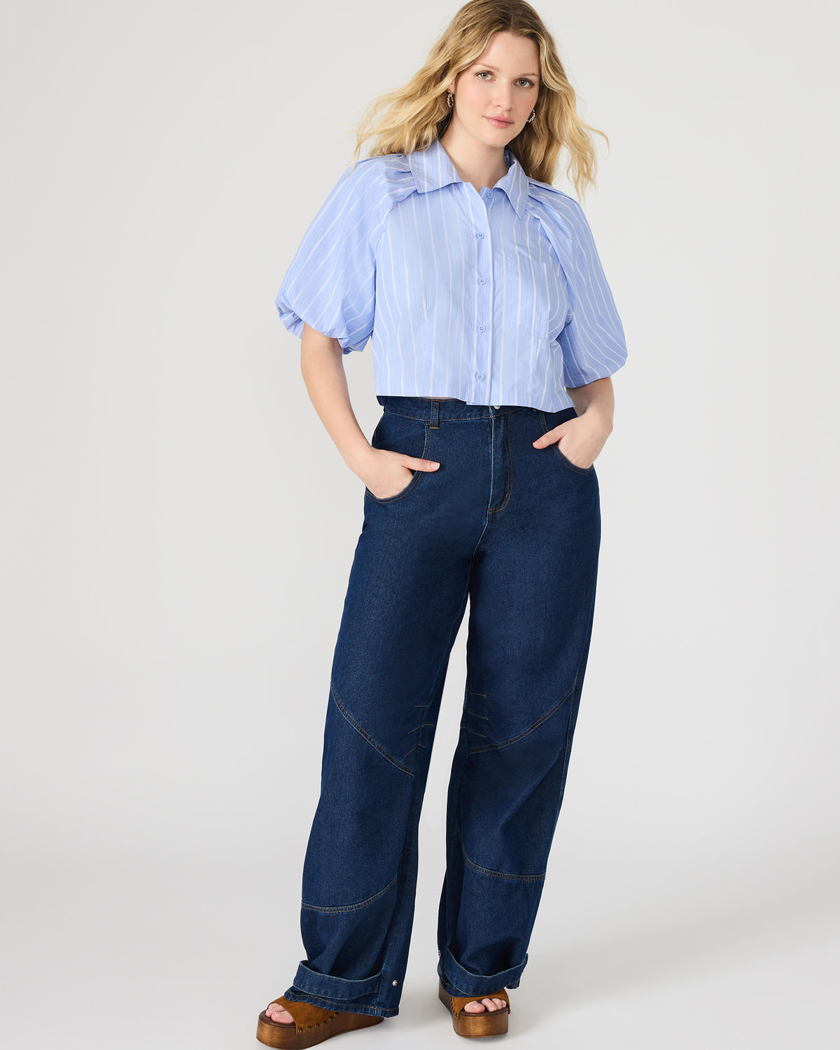 REECE Soft Blue Button-Up Collared Bubble Sleeve Women's Top - Steve Madden
