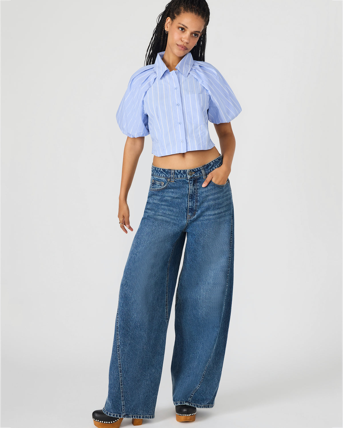 REECE Soft Blue Button-Up Collared Bubble Sleeve Women's Top - Steve Madden