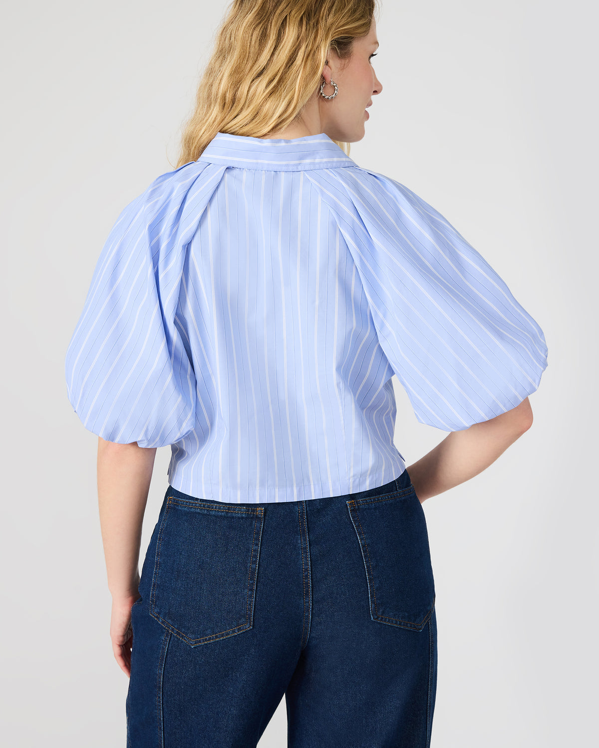 REECE Soft Blue Button-Up Collared Bubble Sleeve Women's Top - Steve Madden