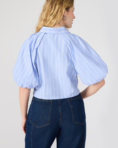 REECE Soft Blue Button-Up Collared Bubble Sleeve Women's Top - Steve Madden