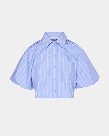 REECE Soft Blue Button-Up Collared Bubble Sleeve Women's Top - Steve Madden