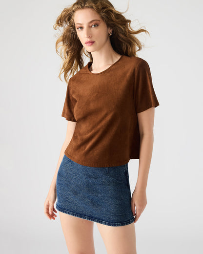 EZRA Chicory Coffee Short-Sleeved Faux-Suede Women's Top - Steve Madden