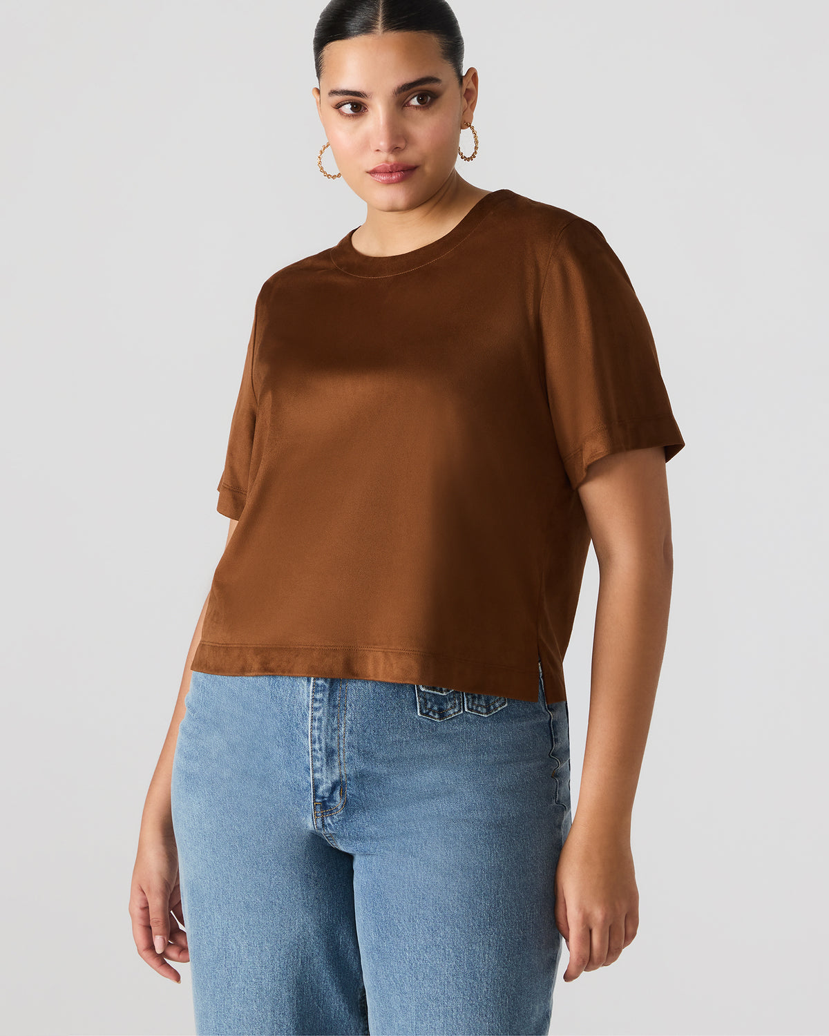 EZRA Chicory Coffee Short-Sleeved Faux-Suede Women's Top - Steve Madden